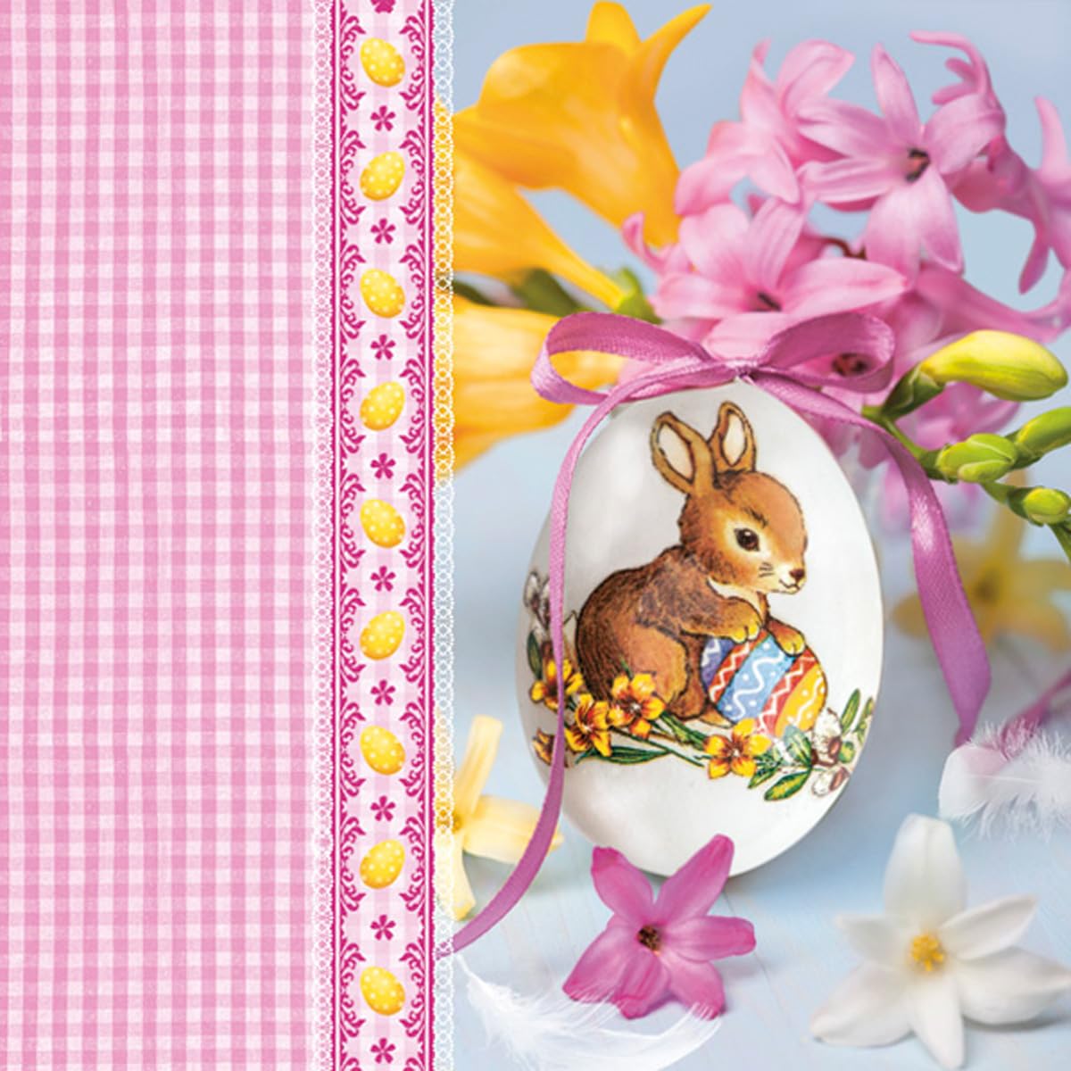 Maki 3-Ply Tissue Easter Paper Napkins Decorative Serviettes for Decoupage 33cm x 33cm - 1/4 Folded (Pack of 20) (Easter Egg Bunny with Pink Bow and Check), (SDLE)