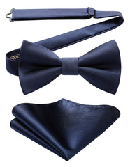 HISDERN Navy Blue Bow Tie for Men Pre-tied Wedding Formal Tuxedo Bowtie Classic Handkerchief Set Adjustable