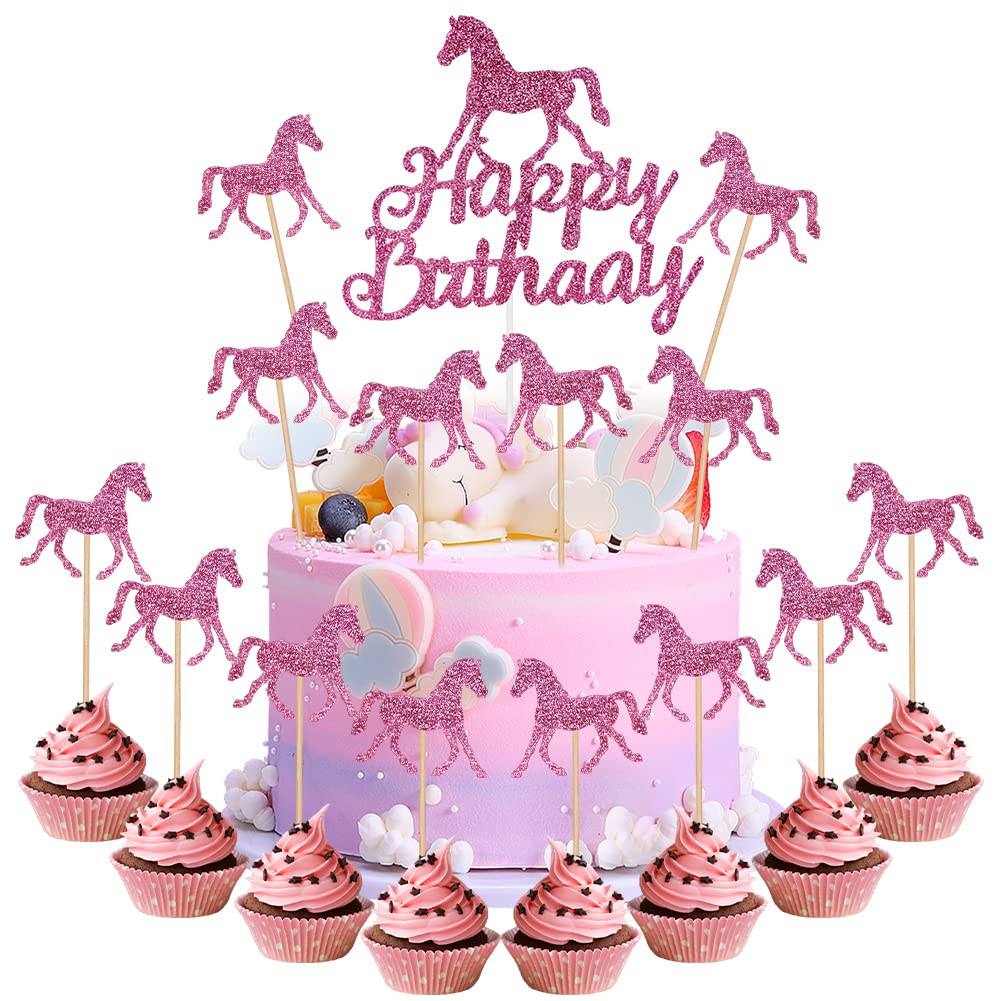 OSDUE 24PCS Happy Birthday Cake Toppers, Pony Theme Party Decorations, Pony Figures Happy Birthday Banner Cake Decors, for Kids Boy Girl, Birthday Shower Party Supplies