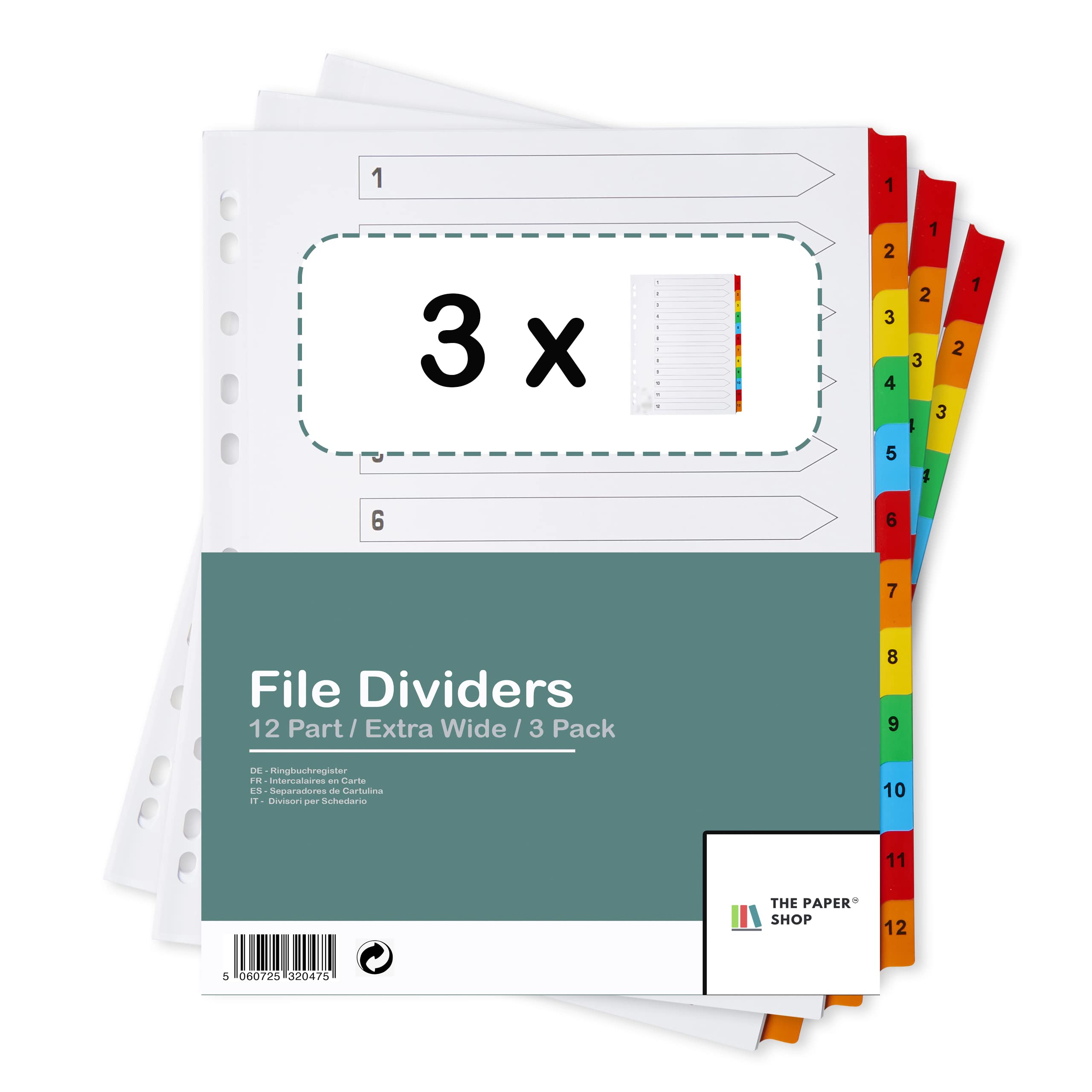 [3 Pack] A4and Extra Wide 12 Part File Dividers A4and Extra Wide 12 Part Numbered Subject Dividers Multipunched Reinforced Colour Tabs 150gsm