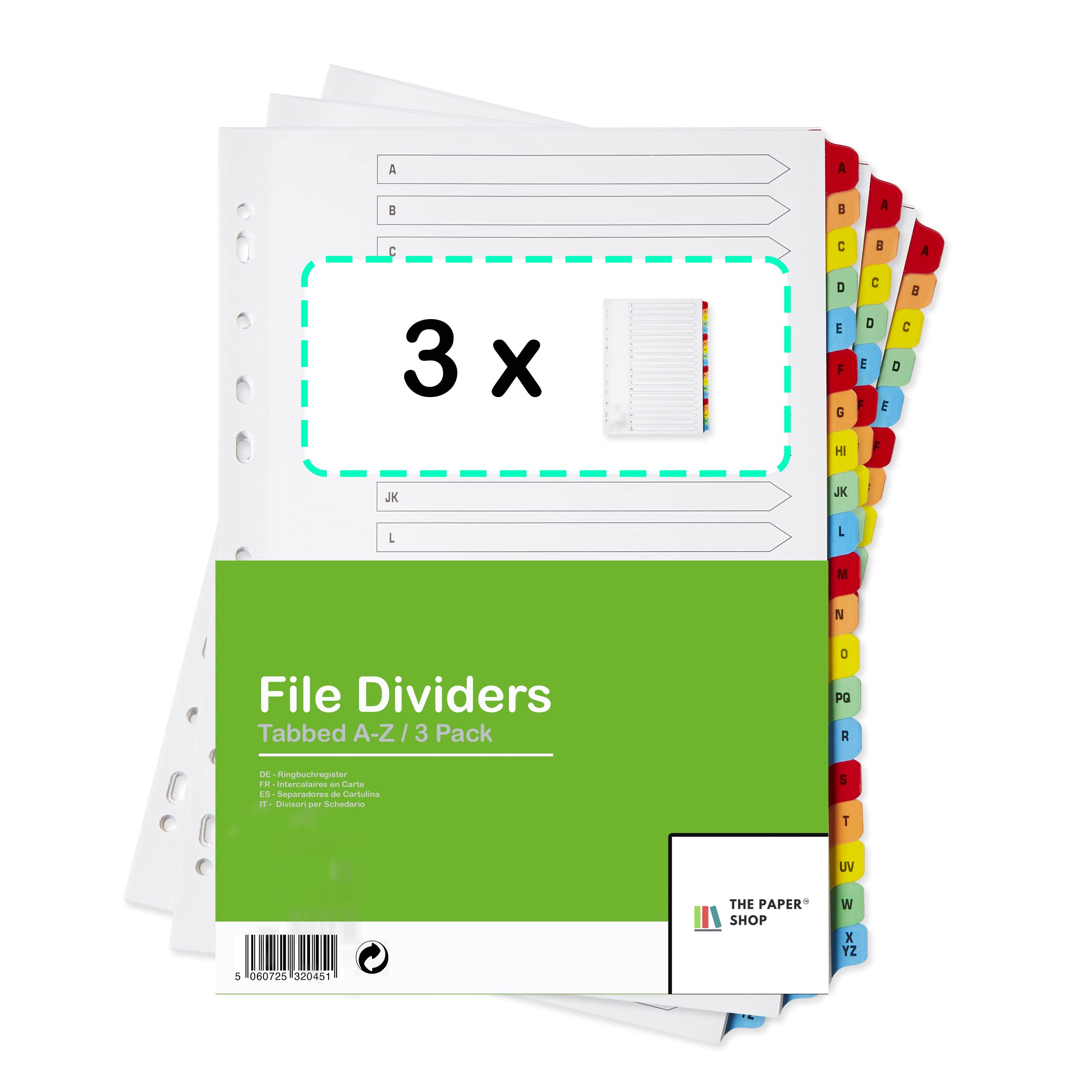 [3 Pack] A4 File Dividers A-Z Tabs   A4 Alphabetical Subject Dividers A-Z with Multipunched Reinforced Colour Tabs 150gsm