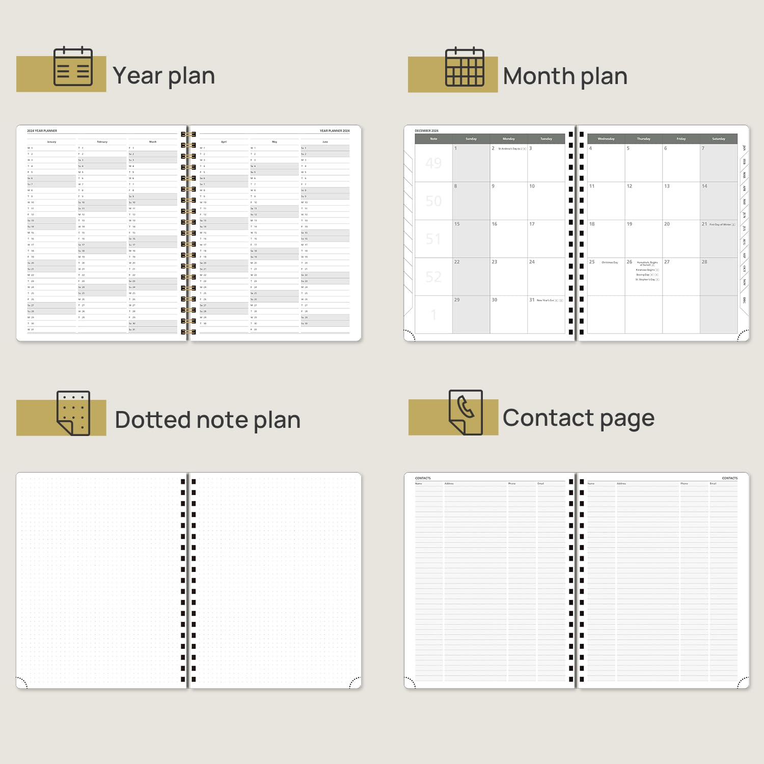 POPRUN Week to View 2024 Diary 25.5 x 20.5 cm, Large Hard Cover Appointment Diary 24 Weekly Work Planner Dotted Note Page, Spiral Hardcover, 100GSM FSC® Paper - Pacific Green