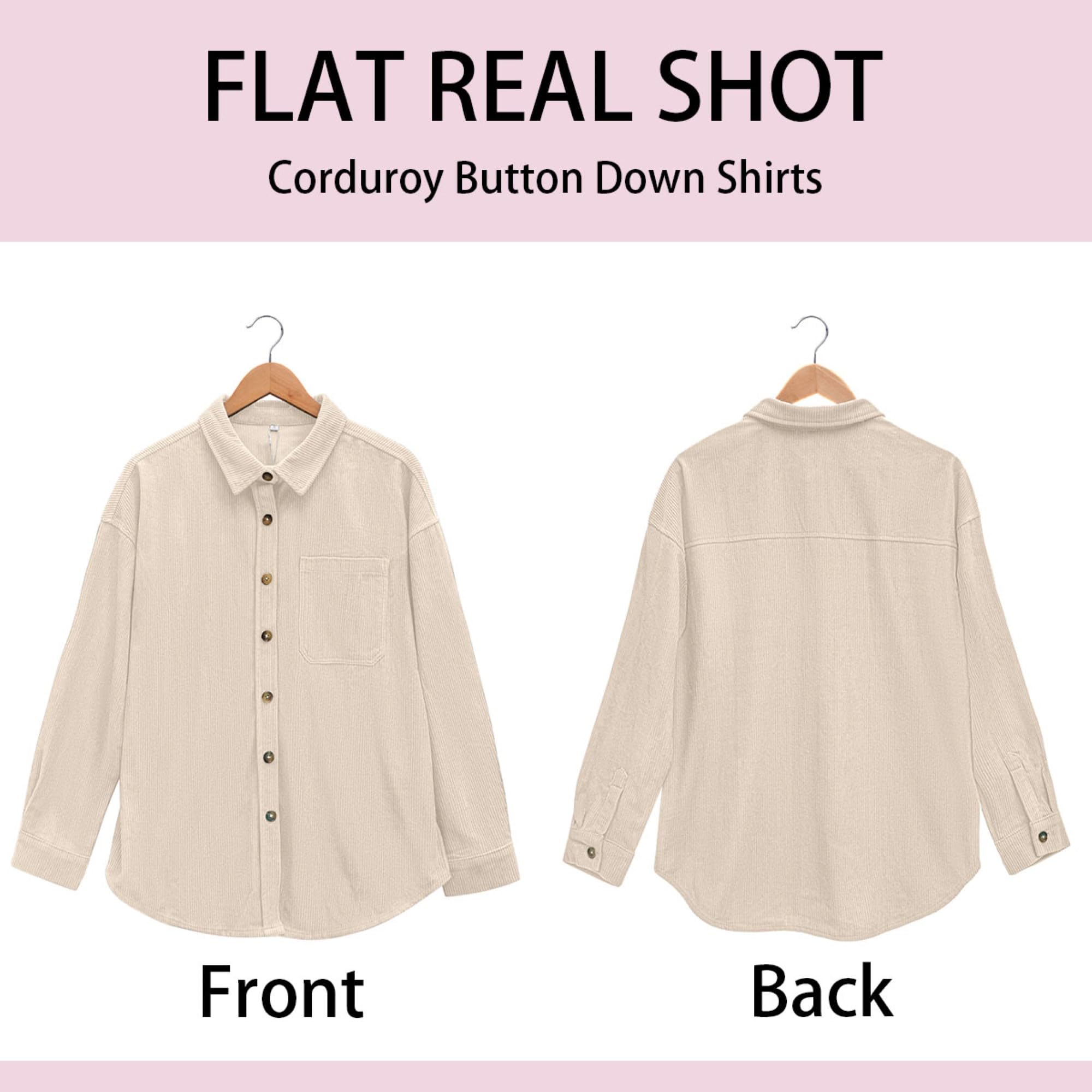 QIXING Womens Corduroy Oversized Shacket Button Down Boyfriend Shirts V Neck Cotton Long Sleeve Blouses with Pocket Casual Work Jacket for Women UK Ladies Tops Autumn Winter (Beige, XXL)