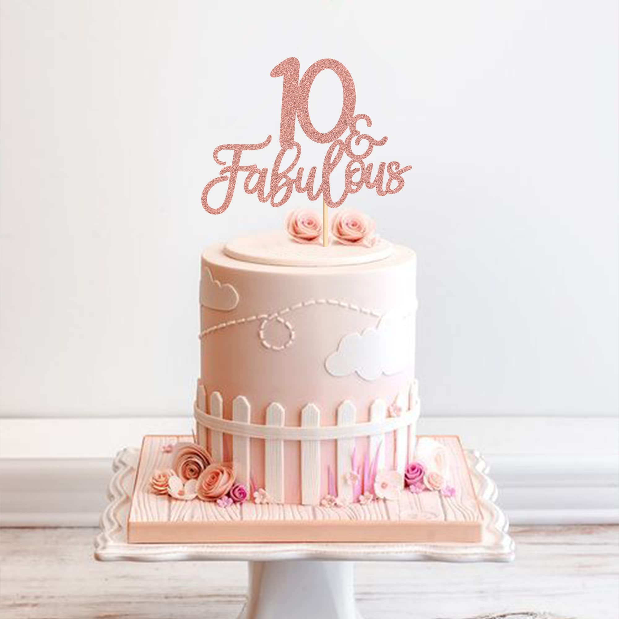 Blumomon 3Pcs 10 & Fabulous Cake Toppers Rose Gold Glitter Cheers to 10th Birthday Cake Toppers Ten and Fabulous Cake Pick Decorations for 10th Wedding Anniversary Birthday Party Supplies