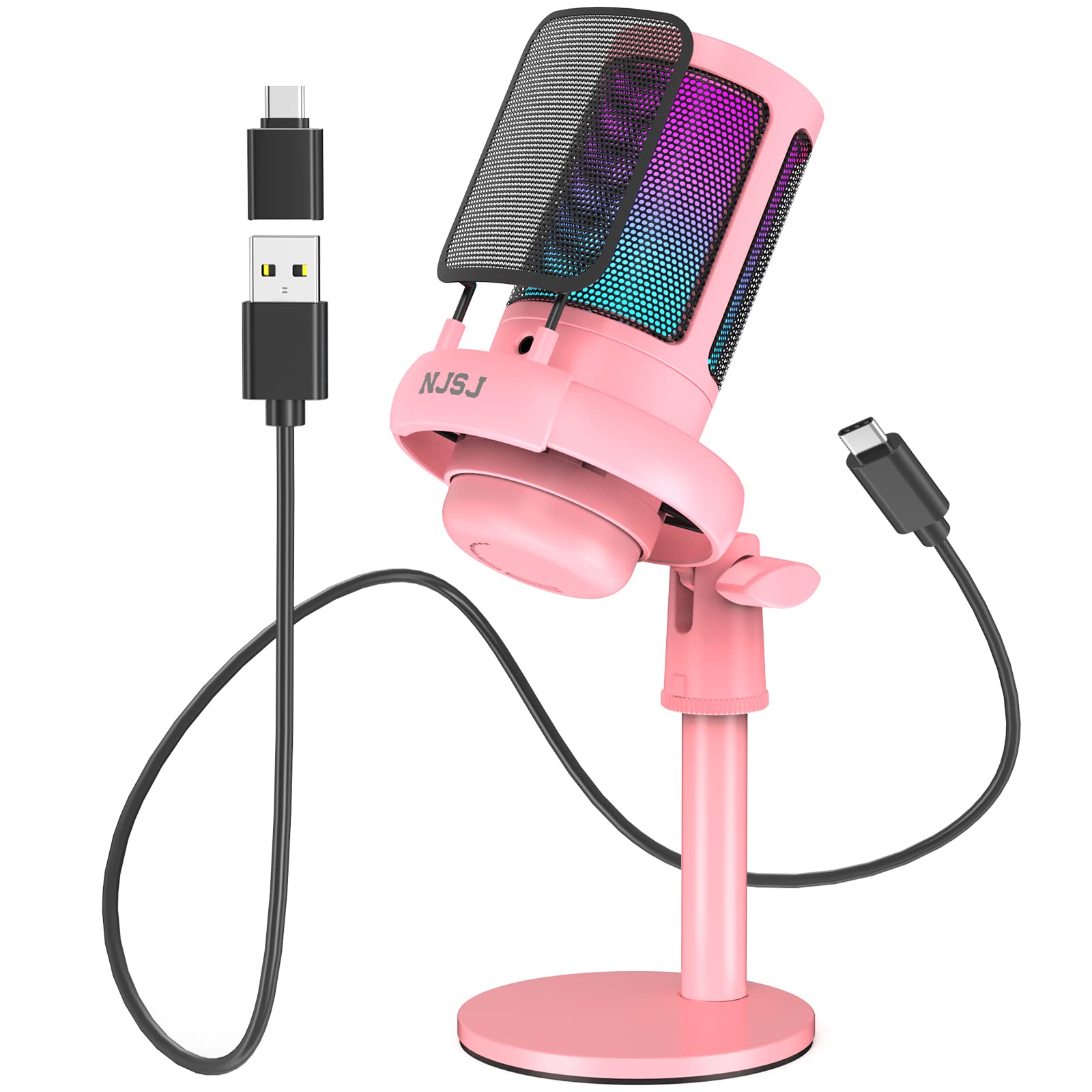 NJSJ Gaming Microphone, USB Microphone for PC/ PS4/ PS5/ Mac/Phone, Condenser Mic with Touch Mute, Brilliant RGB Lighting, Gain knob & Monitoring Jack for Recording, Streaming, Podcasting (Pink)