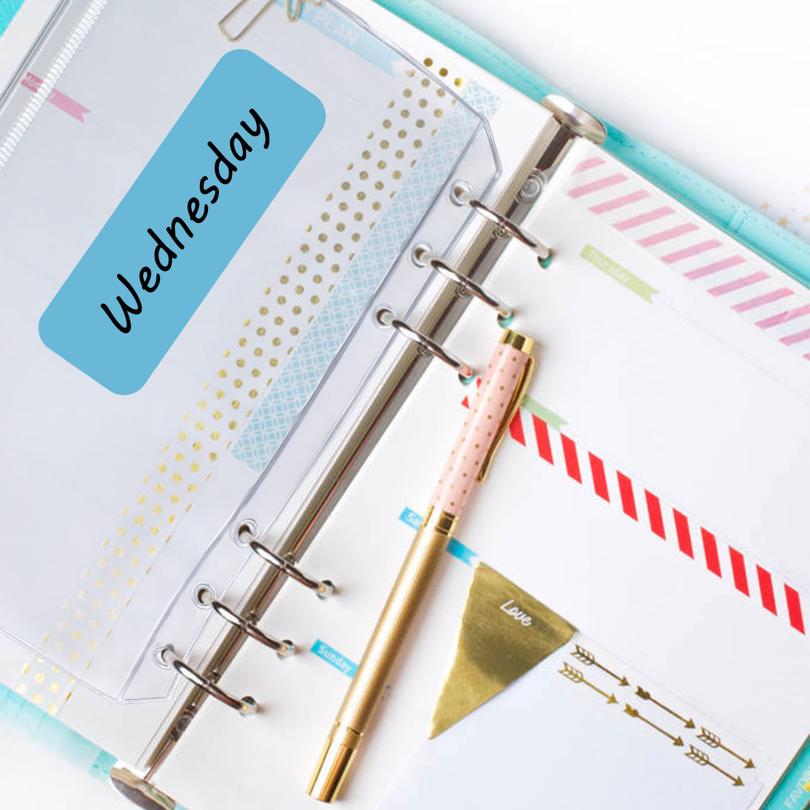 12 Pcs Cash Envelopes, A6 Binder Pockets 6 Holes PVC Zipper Folders Waterproof Zipper Loose Leaf Bags with Label Stickers for Bill Money Cash Cards