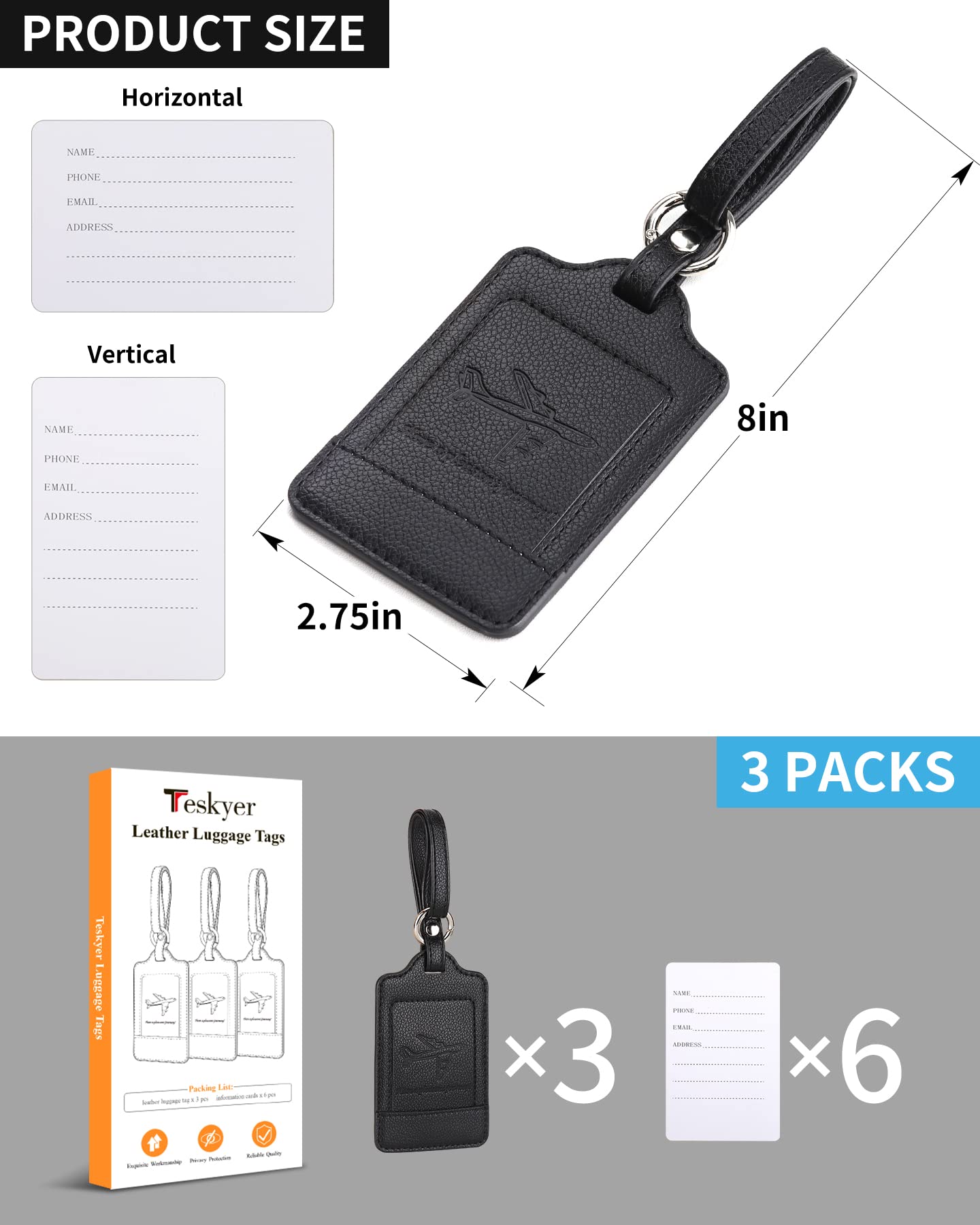 Teskyer 3 Pack Luggage Tags for Suitcases, Luggage Labels, Microfiber Leather, Strong, Durable, Noticeable, Travel Tags for Luggage, Travel Accessories, Black