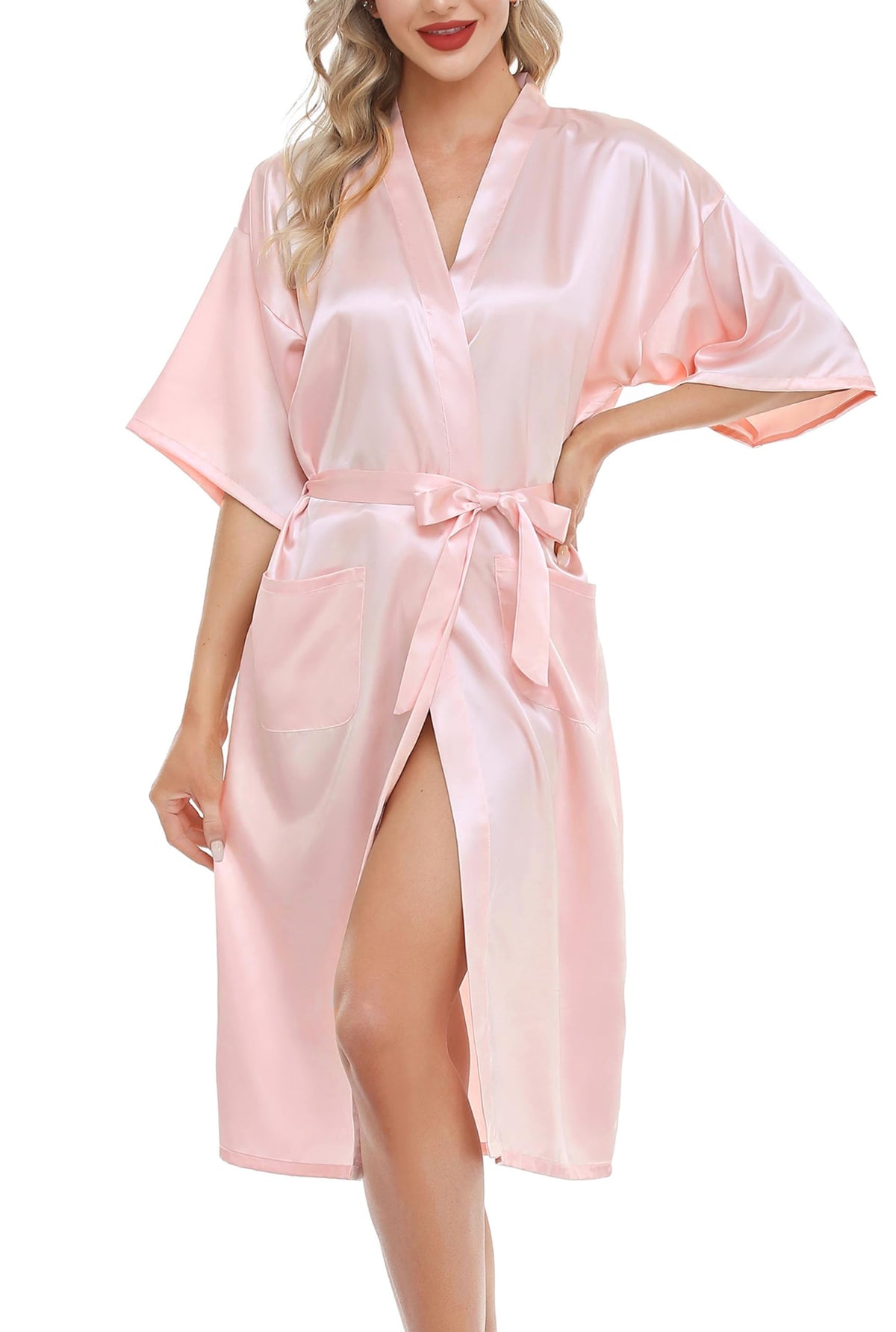 Lovasy Kimono Dressing Gowns Satin Kimono Robe Silk Dressing Gown for Women UK Long Silk Bride and Bridesmaid Robes,Pink,S