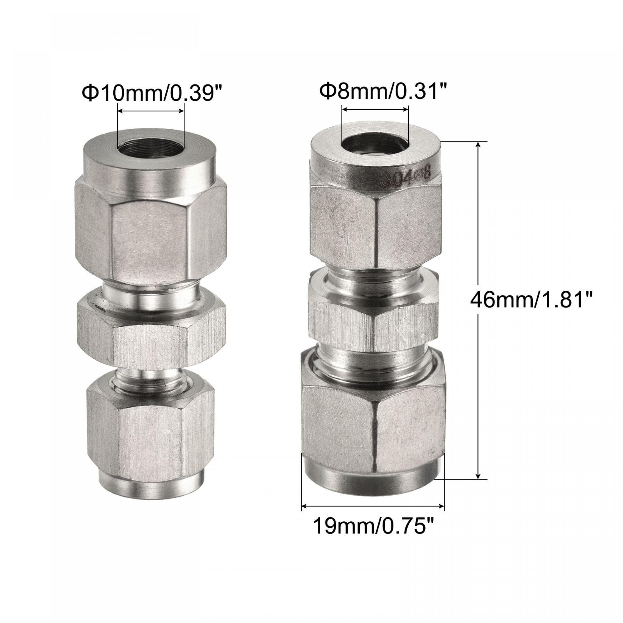 sourcing map Compression Tube Fitting 304 Stainless Steel 8mm x 10mm Tube OD Double Ferrule Straight Coupling Adapter