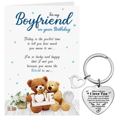 Tenare Romantic Happy Birthday Boyfriend Card Bear Greetings Card Cute Birthday Card with White Envelope Boyfriend Keyring Heart Keyring for Boyfriend Birthday Anniversary Events