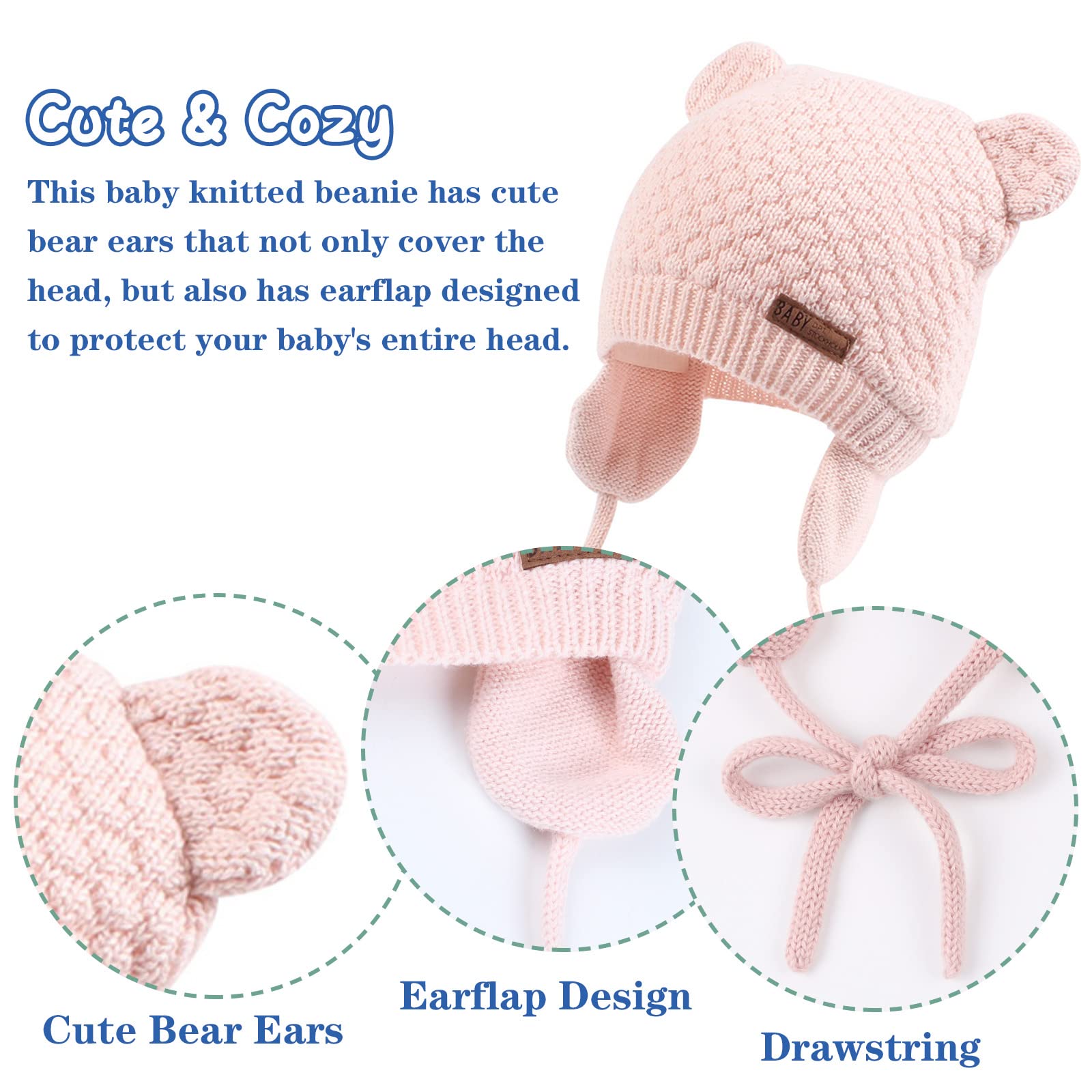 XIAOHAWANG Baby Earflap Beanie Hat Soft Baby Boy Knit Beanies Cute Bear Infant Toddler Girl Hats Autumn Winter (Pink, S)