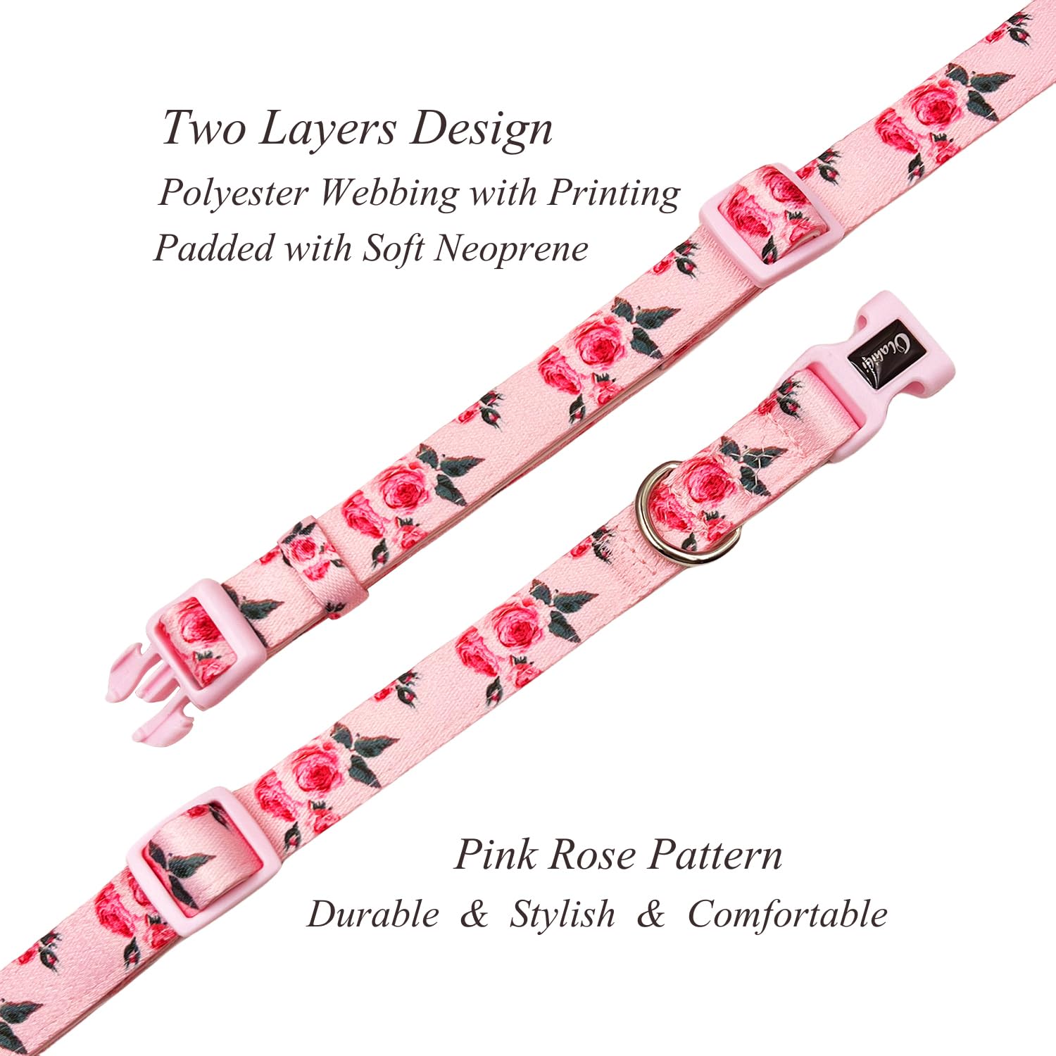 Olahibi Pink Rose Pattern Dog Collar, Polyester Material, with Soft and Comfortable Neoprene Padding,for Small Dogs(S,Pink Rose)