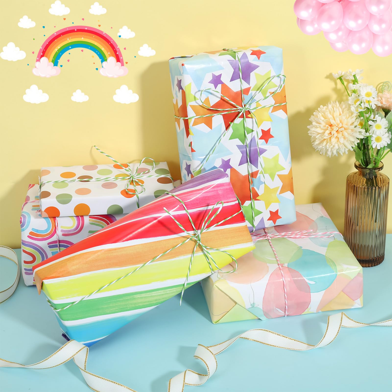 FRIUSATE 6 Sheets Gift Wrapping Paper with 1 Ribbon 2 Colored Ropes and 1 Double-sided Tape, 50x70cm Folded Recyclable Rainbow Present Packaging Art Craft Gift Wrap Papers for Birthday Wedding Party