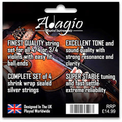 Adagio Pro - Violin Strings - 4/4 Classic Silver Violin String Set/Pack With Ball Ends For Concert Tuning. Expert to Beginners.