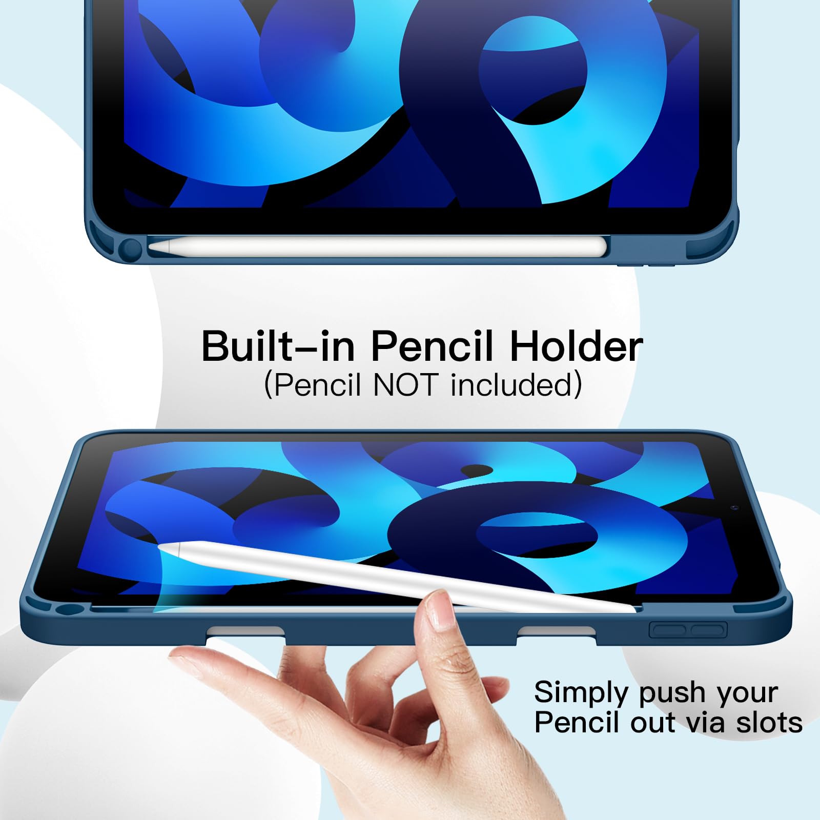 JETech Case for iPad Air 5/4 (2022/2020 5th/4th Generation 10.9-Inch) with Pencil Holder, Support 2nd Pencil Charging, Slim Tablet Cover with Soft TPU Back, Auto Wake/Sleep (Blue)