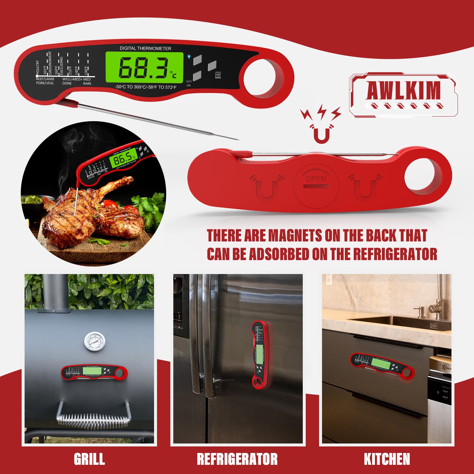 AWLKIM Digital Meat Thermometer Probe - Fast Instant Read Food Thermometer for Cooking, Candy Making, Outside Grill, Waterproof Kitchen Thermometer with Backlight & Hold Function