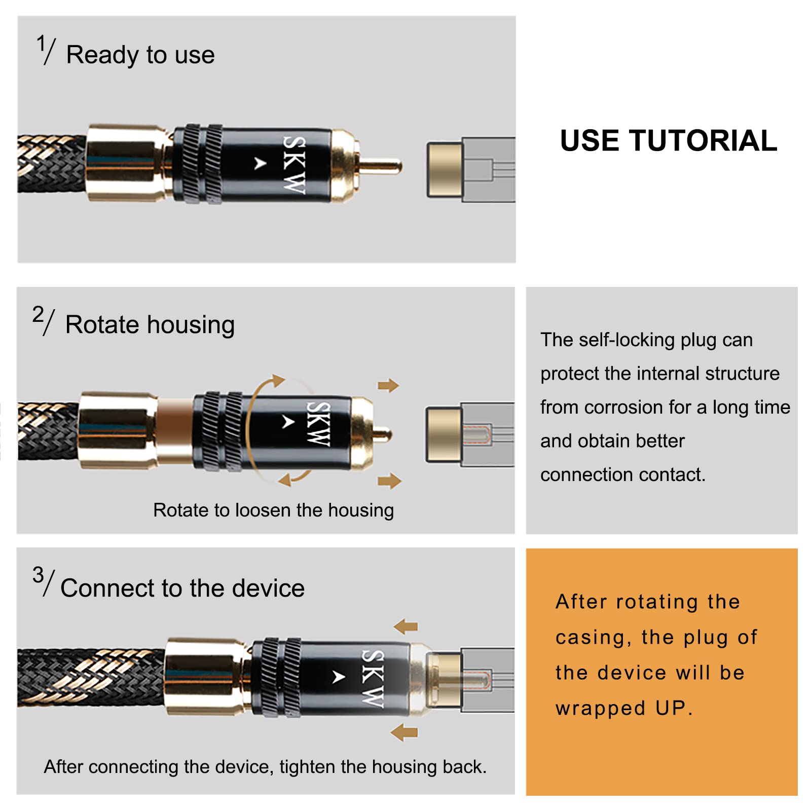 SKW Audiophiles Lock RCA Cable 2RCA Male to 2RCA Male HiFi System Interconnect Cable with Diameter 8mm 1.6ft/0.5M