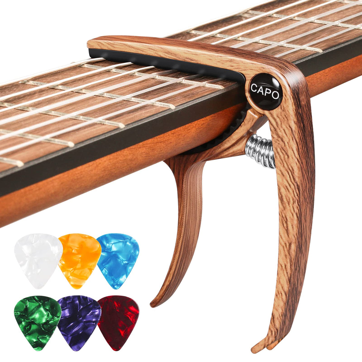 Guitar Capo with 6 Guitar Picks, Capo for Acoustic Guitar Ukulele, Capo Electric Guitar, Capo Guitar Metal Wood