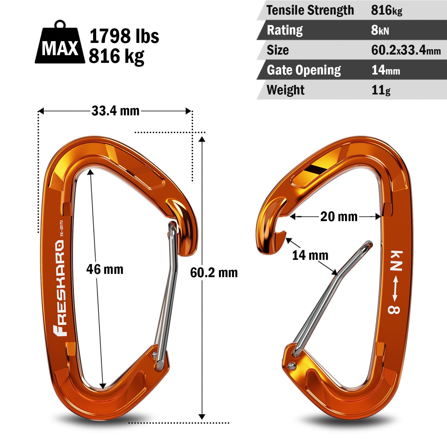 FresKaro 5pcs Carabiner Clips, caribeener clip Heavy Duty, Small Sturdy Key Keychain Accessory, Spring Snap Wire-gate Hook, 8kN 816kg, for Hiking, Camping, Fishing, Not for Climbing, Mini Size, Orange