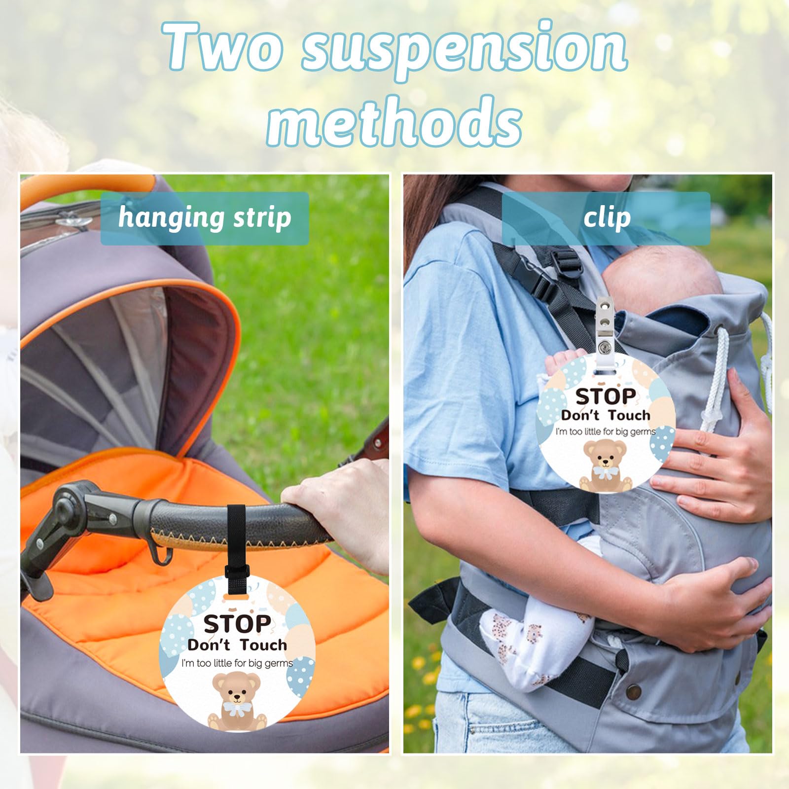 ORIGACH 2 Pack No Touching Baby Stroller Tag Set, Bear Pattern Stop Touching Baby Car Seat Carrycot Sign with Hanging Straps and Clip, No Touch Baby Safety Sign for Newborn Baby Girl Boy