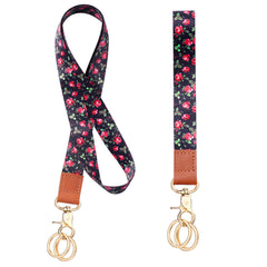 Vicloon Neck Lanyard Wristlet Strap, Print Lanyard Neck Strap Keychain ID Lanyard Neck Leather Lanyard with 4 Metal Key Rings for ID Badge Holder Keys Phone (Rose)