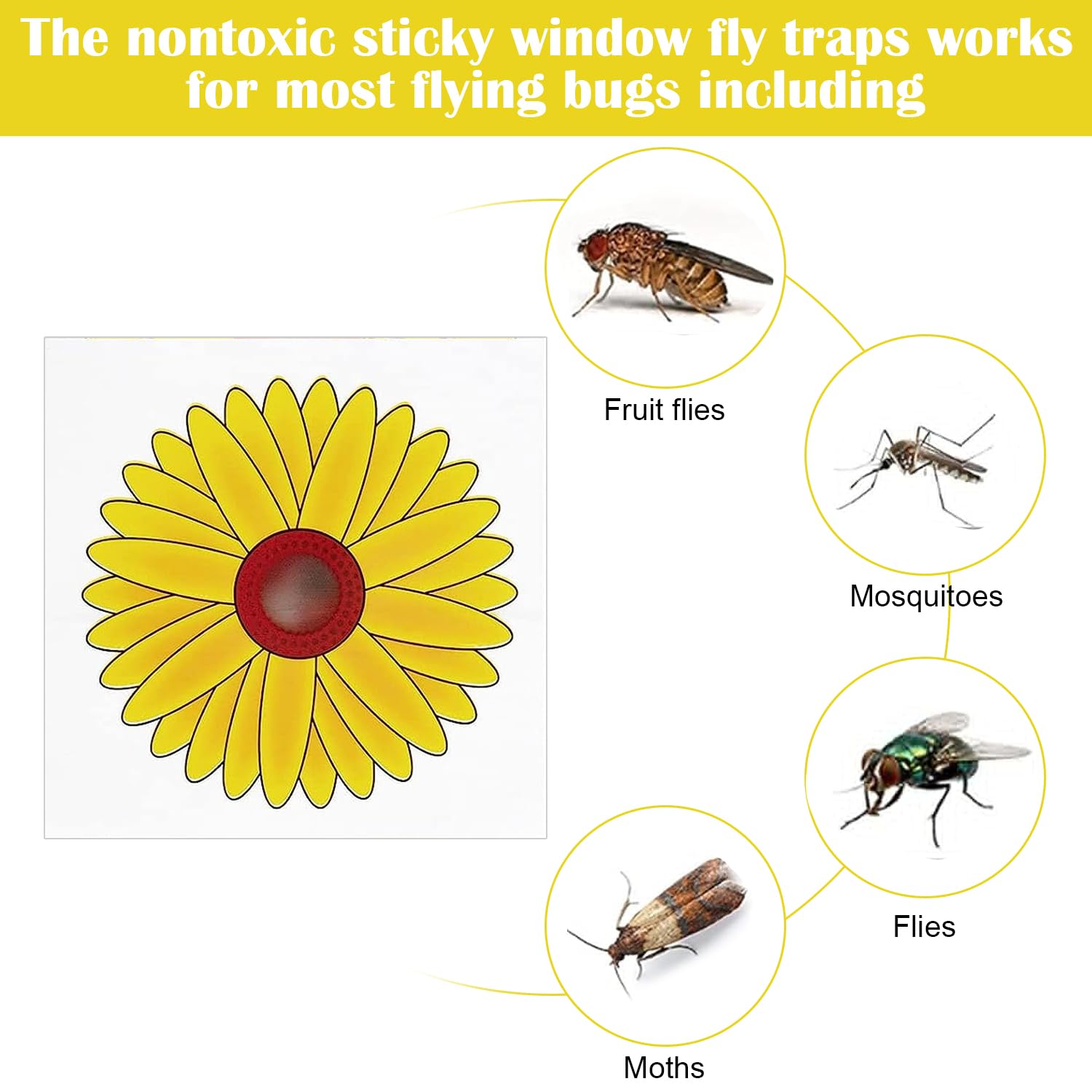 18PCS Window Fly Traps, Sticky Sunflower Insect Bug Flies Killer Catchers, Sticky Window Insect Trap for Plants Bins Ceiling Home Use (Yellow Sunflower)