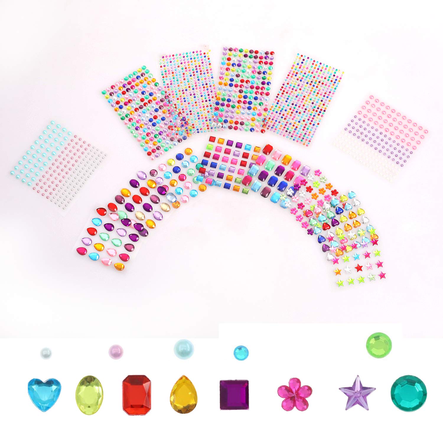 Self-Adhesive Rhinestone Stickers, Hoiny 1782pcs Self Adhesive Acrylic Stick-on Crystal Gem Sheets, Various Shapes Multicoloured Crystal Gemstone for Gluing, 14 Sheets