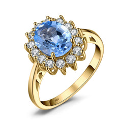 JewelryPalace Princess Diana Kate Middleton Gemstone Birthstone Blue Topaz Halo Statement Engagement Rings for Women, 14K Yellow Gold Plated 925 Sterling Silver Promise Rings for Her Size 6