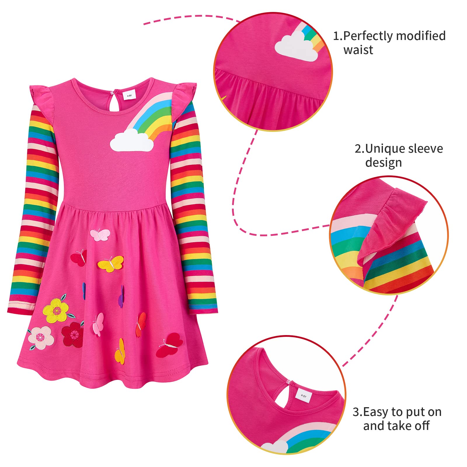 SFreeBo Girls Dress 5-6 Rainbow Long Sleeve Dress Girls Rose Red T-Shirt Dress Kids Winter Cotton Pocket Stripe Casual A-line Dress