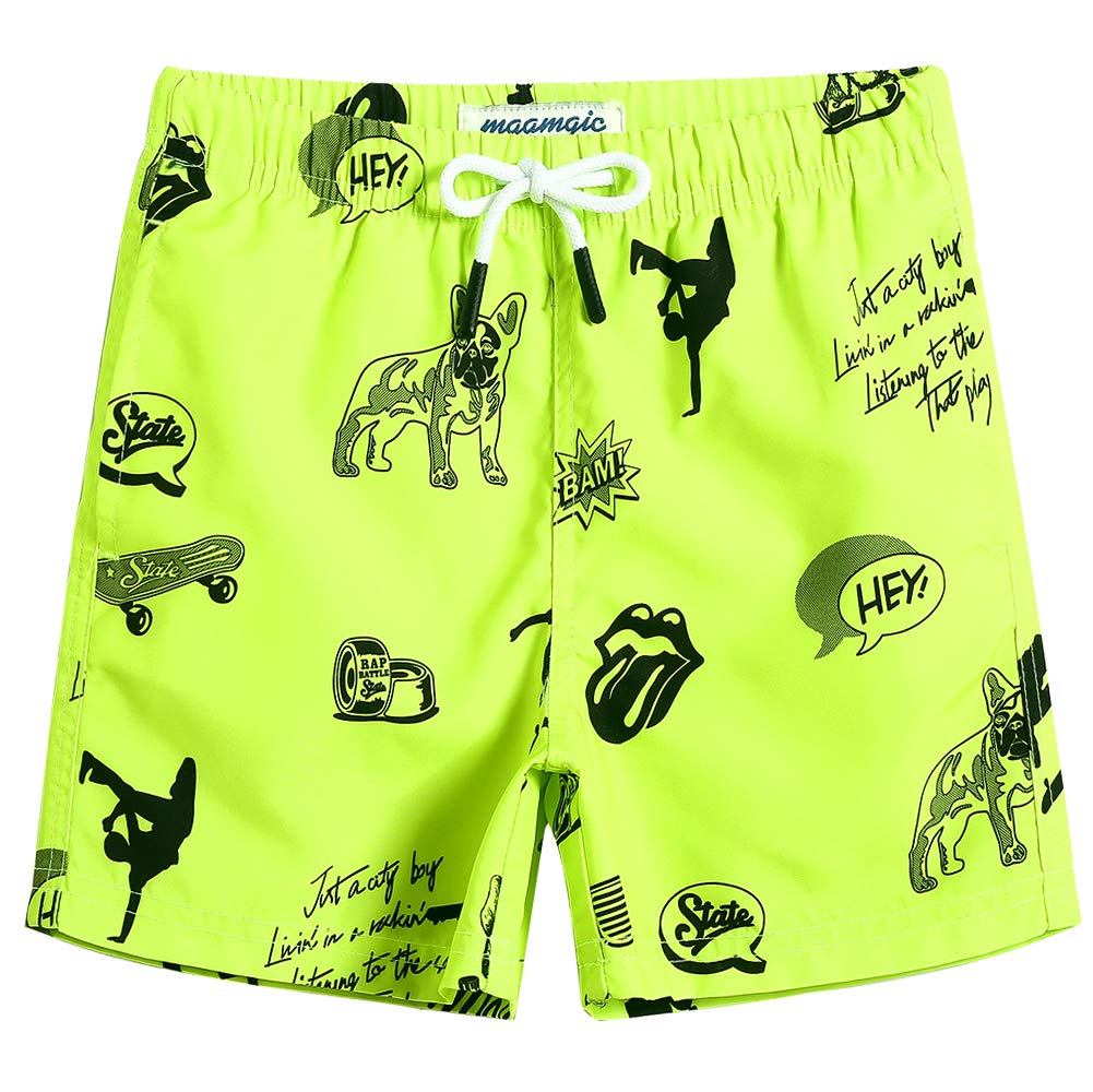 MaaMgic Little Boys' Swimming Shorts Beach Trunk Toddler Swim Shorts Boardshorts Lightweight Beach Shorts Adjustable Waist All Age,French Bulldog Fluorescent Green,14-16 Years