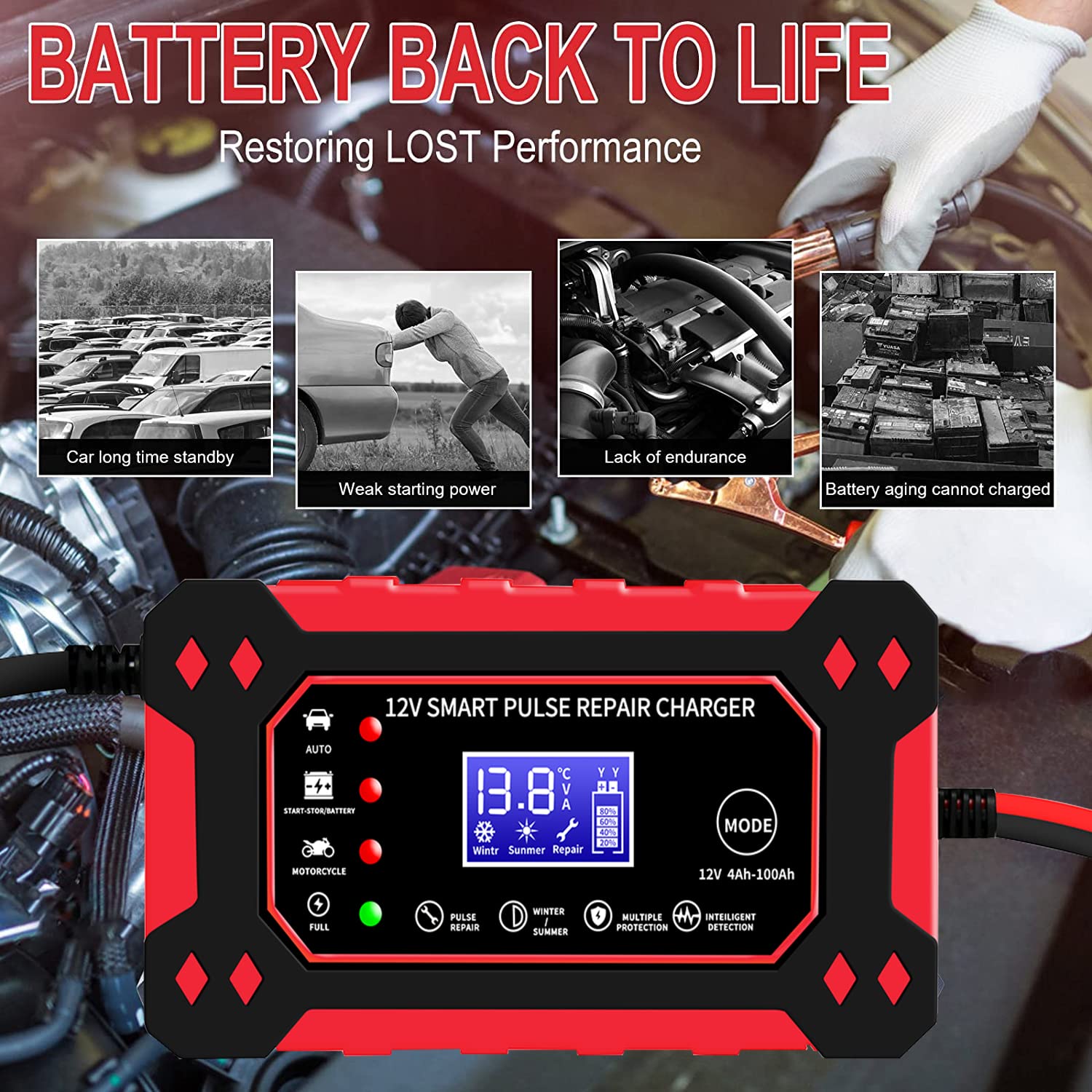 Car Battery Charger 12V 6-Amp Fully Automatic Smart Charger, Trickle Charger and Maintainer, Car Battery Repair and Desulfator for Cars Boat Motorcycle Lawn Mower RV ATV SUV Snowmobile