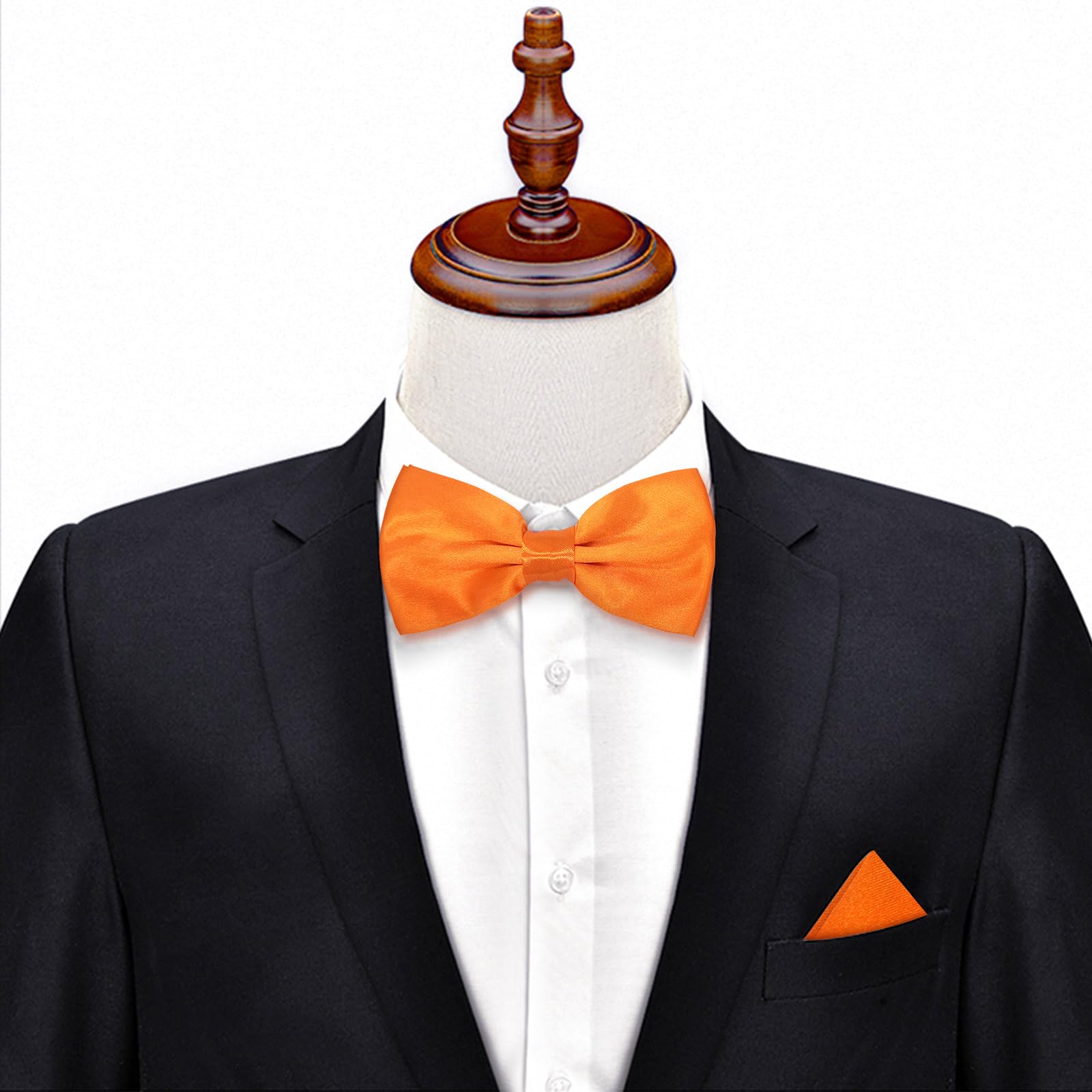 Cretty-Meet Adjustable Bowtie and Pocket Square Set Men Bowtie and Handkerchief Solid Color Double Fold Pre-Tied Bow Tie for Dinners, Weddings, Parties, Business, Proms - Orange