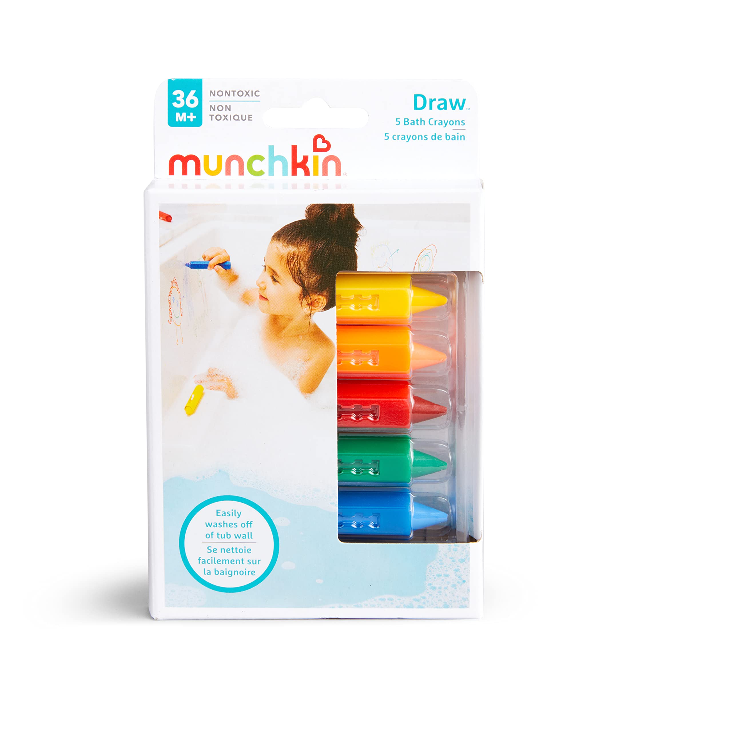 Munchkin Bath Crayons, Colourful Bath Toy, Mess-Free Shower Toys, Draws on Tiles & Porcelain, Creative Art Toddler Bath Toys, Kids Bath Toys, Washable Baby Bath Toy - Set of 5 Crayons