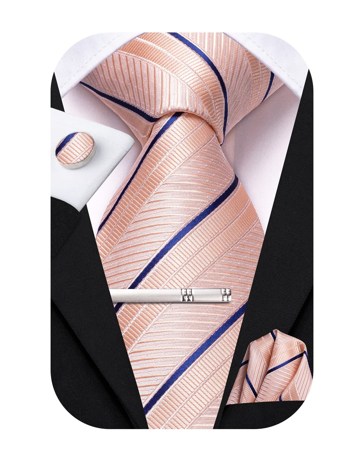 Hi-Tie Blush Pink and Blue Strip Ties for Men Silk Woven Tie and Hanky Cufflinks Tie Bar Set Formal Necktie Wedding Prom