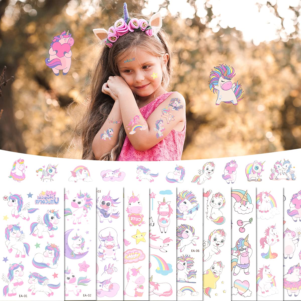 ACWOO Unicorn Temporary Tattoos, 30 Sheets Unicorn Mermaid Temporary Tattoo Stickers for Kids, 350and Patterns Waterproof Removable, Birthday Party Bag Filler