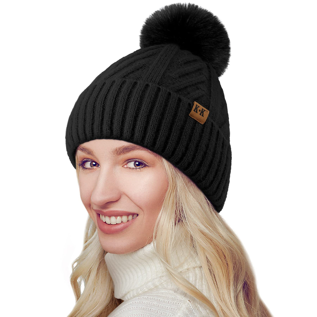 Bobble Hat Women - Fleece Lined Beanie Hats Thermal Knitted Wooly Winter Hats Ladies Cable Knit Hats with Faux Fur Pom Pom Pink