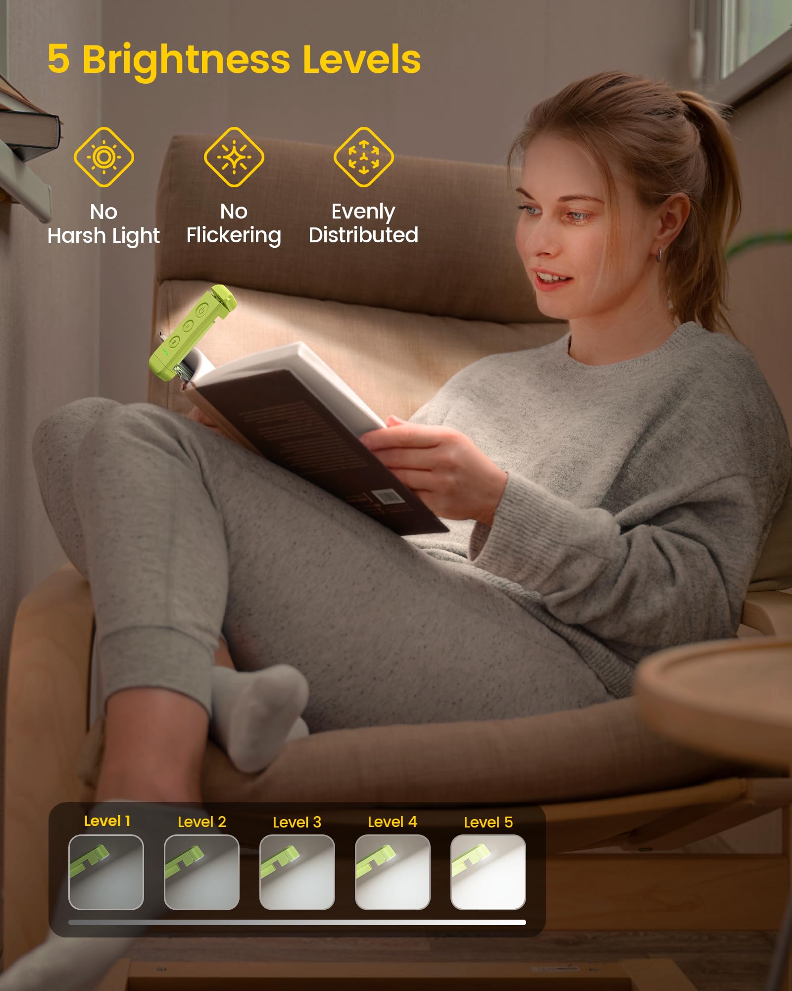 Glocusent Reading Light Book Light，Eye Caring Reading Lights for Books in Bed, 3 Colours & 5 Brightness Dimmable, Portable & Flexible, Long Lasting up to 80 hrs, Perfect for Book Lover Gifts