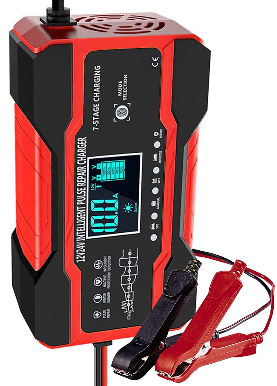 10Amp Car Battery Charger, 12V/24V Automatic Battery Charger with 7-Stage Charging and LCD Screen, Intelligent Charges, Repair, Maintains for AGM, WET & GEL Lead Acid Batteries