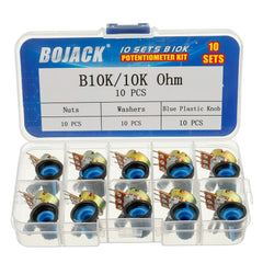 BOJACK 10 Sets B10K Knurled Shaft 3 Terminals Linear Taper Rotary Potentiometer(WH148)10K Ohm Single Turn Carbon Film Variable Resistor with Blue Plastic Knobs Kit