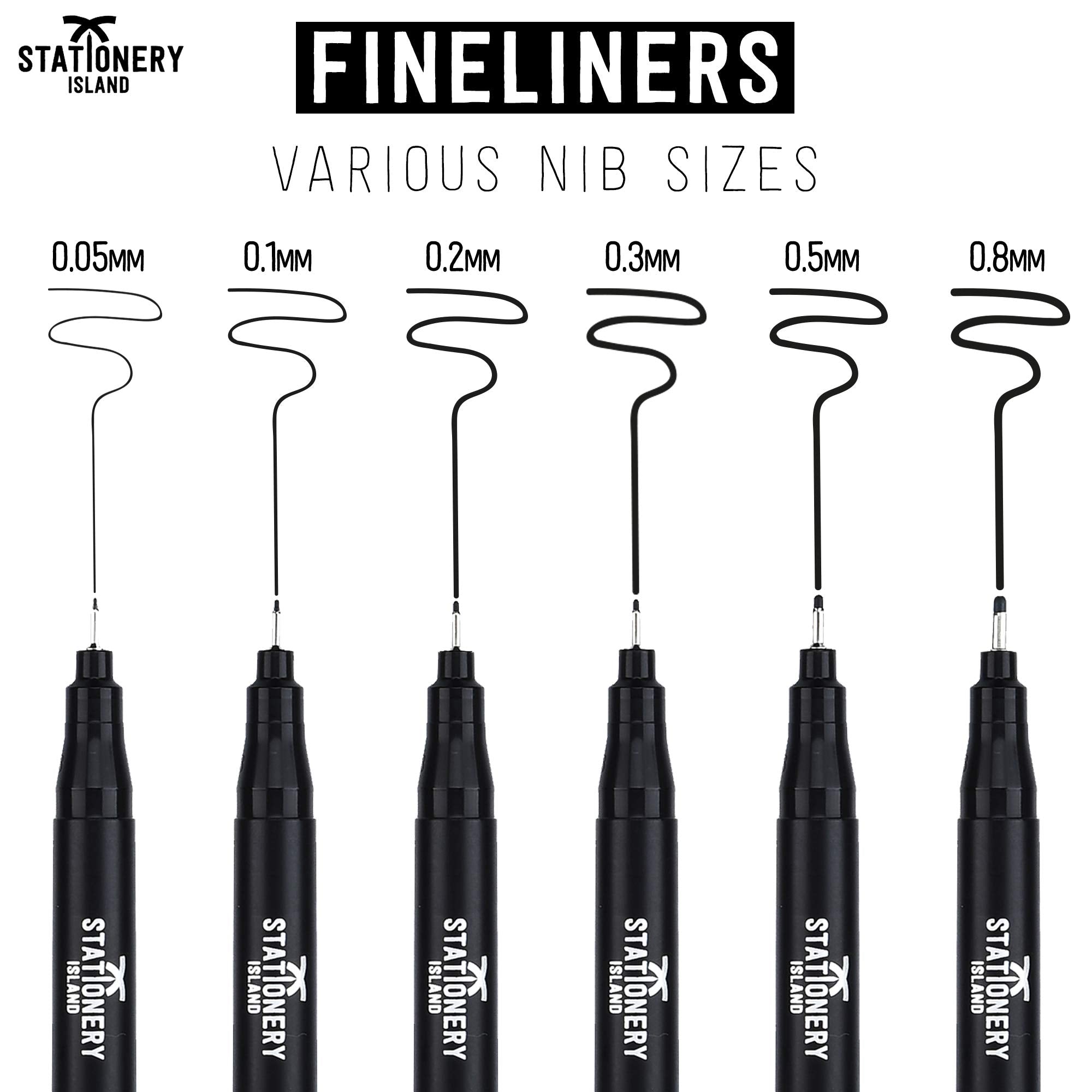 STATIONERY ISLAND Black Fineliner Pens - Set of 12 - Assorted Nibs - Fine Tip - For Sketching, Inking, Bullet Journal, Drawing, Writing, Manga and Graphic Design