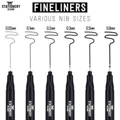 STATIONERY ISLAND Black Fineliner Pens - Set of 12 - Assorted Nibs - Fine Tip - For Sketching, Inking, Bullet Journal, Drawing, Writing, Manga and Graphic Design