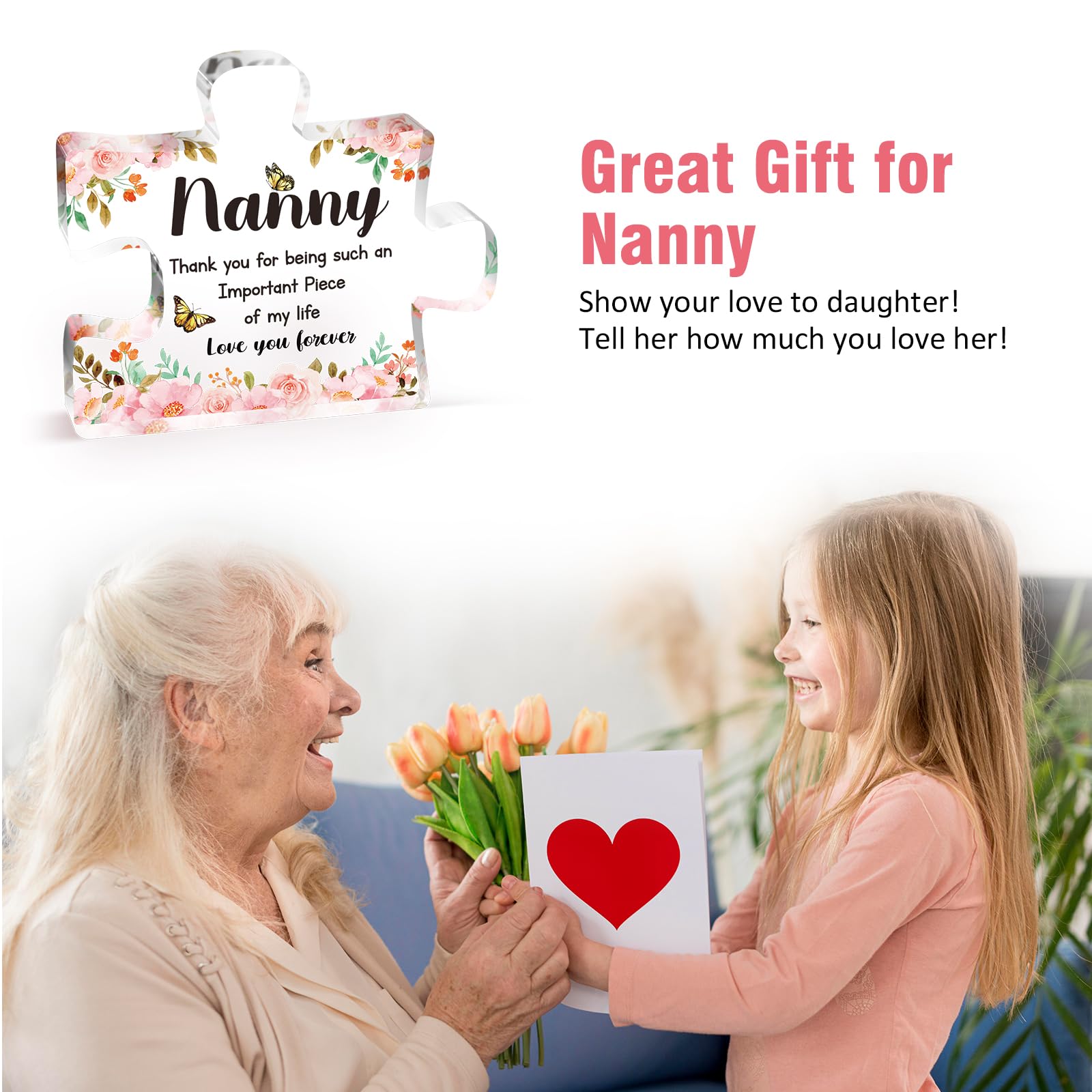 Nanny Gifts - Delicate Nanny Gifts from Grandchildren, Gifts for Nanny - Engraved Acrylic Block Puzzle Piece 3.9 x 3.3 inch - Mothers Day Birthday Gifts for Nanny Grandmother, Gifts Ideas, Buioata