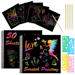 Vicloon Rainbow Scratch Art, 50Pcs Black Magic Scratch Art Notes Painting Boards Arts and Crafts for Kids with 4 Stencils 5 Wooden Stylus Birthday Gifts DIY Party Gift(8.5 * 8.5CM)