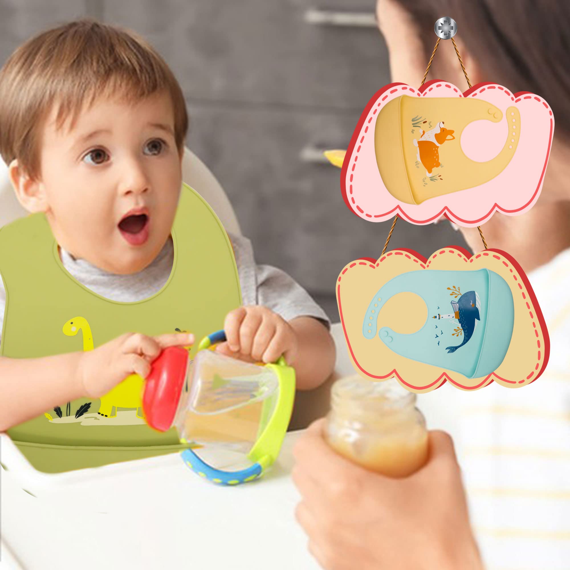 FILOWA Baby Bibs Silicone Feeding Bibs for Babies Weaning Waterproof Wide Food Crumb Catcher Pocket Unisex Kids Soft Easily Wipe Clean Cute Animal Design Machine Washable No-Mess Food Grade,2 Pieces