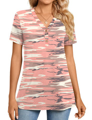 BISHUIGE Womens Henley Short Sleeve Tunic Tops Button Up Loose T-Shirts V-Neck Casual Blouses, M, Pink Camo