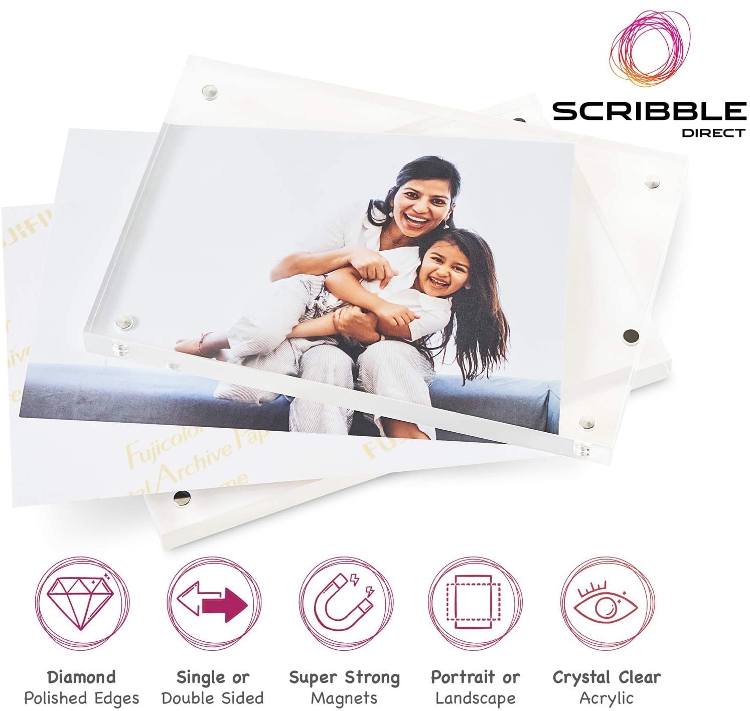 Scribble 6 x 4 Inch Acrylic Photo Frame/Block, Free Standing, Use Horizontally or Vertically