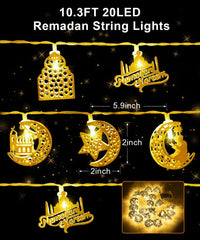 10.3 Ft 20 LED Ramadan Mubarak Eid String Light, Moon Star Castle Lantern Lamp, Star Fairy String Light, Modes Decor for Muslim Islamic Home Decor, Indoor Outdoor, Warm Yellow