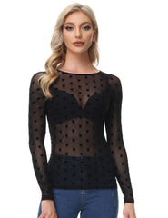 GRACE KARIN 80s Long Sleeves Plain Scoop Neck See Through Sheer Mesh Tops Tunic Slim Fit T-Shirt for Women Black Sweetheart M