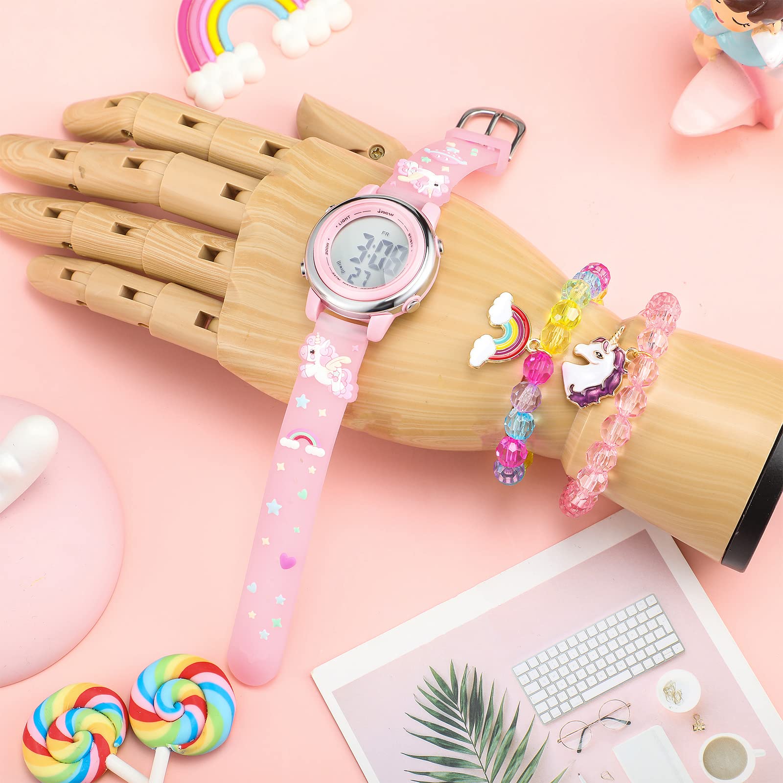 3 Pieces Kids Unicorn Watch and Unicorn Bracelet Waterproof Toddler Digital Watch Light Watch with Alarm Stopwatch Unicorn Easter Children's Day Gift for 3-10 Year Girls(Lovely Style)