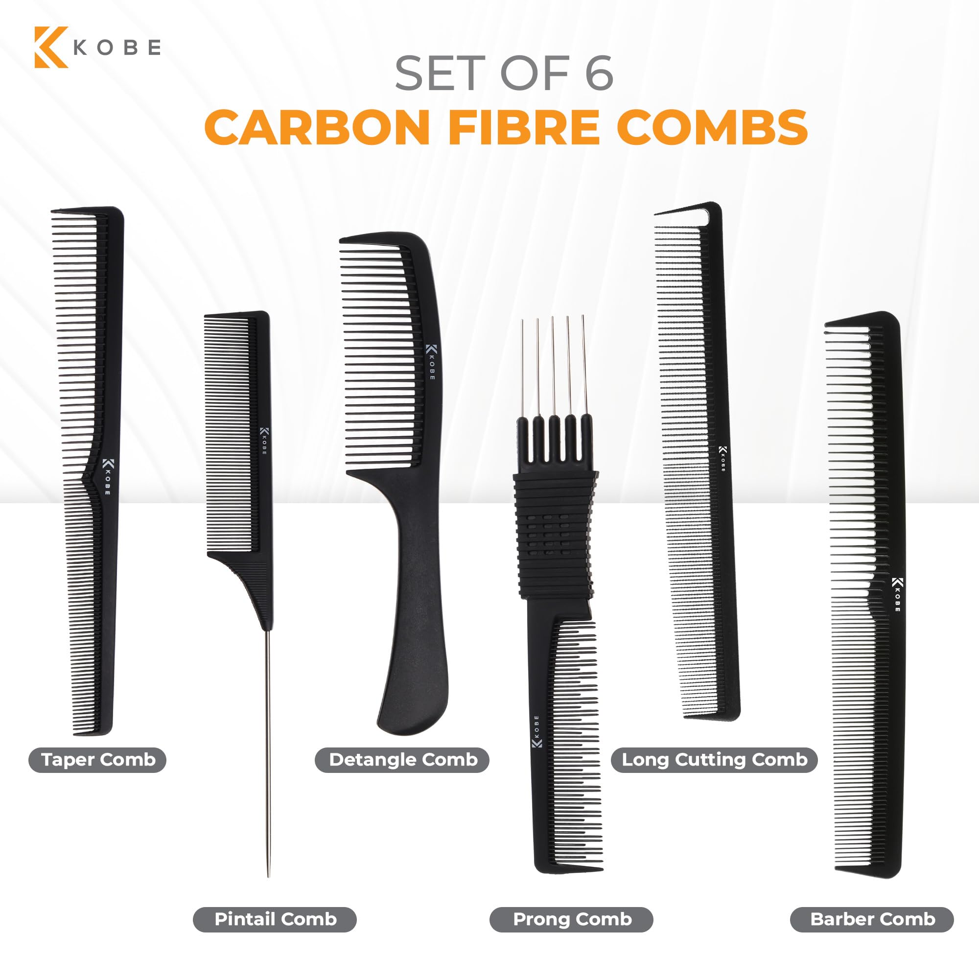 Kobe Professional Hairdresser's Set of 6 Carbon Fibre Combs in Comb Wallet - Highly Durable Combs that Resist Heat & Chemicals & are Anti-Static